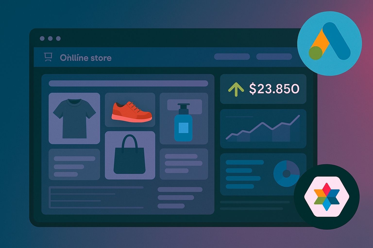 A vibrant digital illustration of an e-commerce store dashboard featuring charts, performance metrics, and overlaid icons of Google Ads and Performance Max.